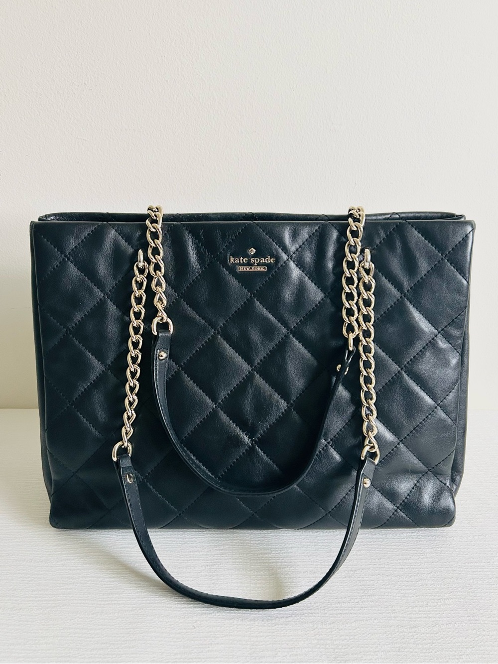 kate spade Black Quilted Leather Tote with Gold Chain Straps